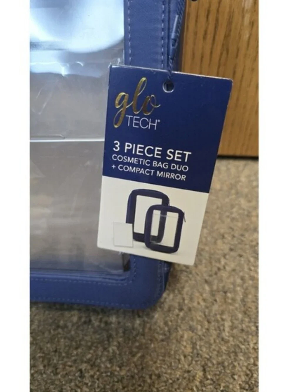 GloTech 3-Piece Navy Blue Cosmetic Travel Bag Set with Handle Compact Mirror New